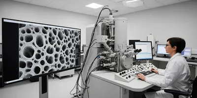 High-resolution image of a researcher operating a scanning electron microscope (SEM) in a modern lab.