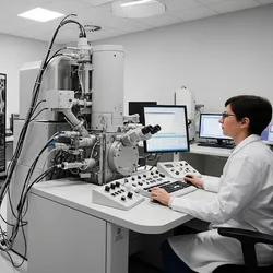 High-resolution image of a researcher operating a scanning electron microscope (SEM) in a modern lab.