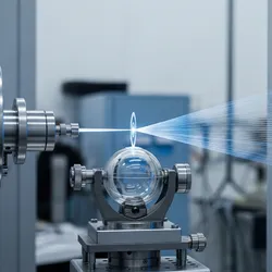 A realistic 16:9 illustration of an X-ray diffraction (XRD) experiment showing a monochromatic X-ray beam hitting a crystalline sample, producing a unique diffraction pattern on a detector screen.