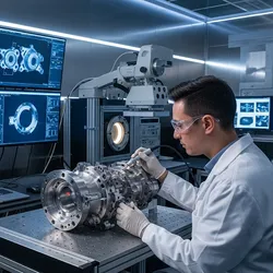 A laboratory scientist using an ultrasonic probe to conduct non-destructive testing (NDT) on a metal component. The image shows a detailed, close-up view of the scientific process.