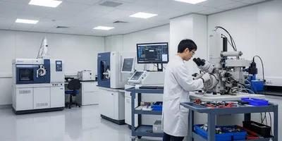 A lab technician meticulously working on a large mass spectrometer in a modern, high-tech laboratory