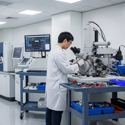 A lab technician meticulously working on a large mass spectrometer in a modern, high-tech laboratory