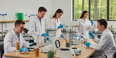 Scientists use sustainable lab materials like bioplastics and recycled glass in a modern, eco-friendly research lab.