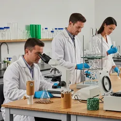 Scientists use sustainable lab materials like bioplastics and recycled glass in a modern, eco-friendly research lab.