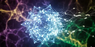 A glowing, geometric blue structure, symbolizing a polymer, is enveloped by swirling, colorful organic forms, illustrating the process of biodegradation.