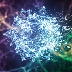 A glowing, geometric blue structure, symbolizing a polymer, is enveloped by swirling, colorful organic forms, illustrating the process of biodegradation.