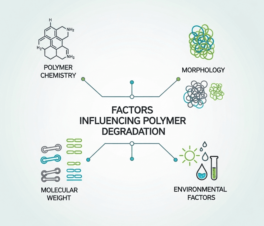 An infographic titled "Factors Influencing Polymer Degradation" is displayed at the center. Four categories branch out from the title with thin, connecting lines. The categories, with their respective icons, are: "Polymer Chemistry" with a chemical structure, "Morphology" with tangled polymer chains, "Molecular Weight" with chains of varying lengths, and "Environmental Factors" with a sun, water droplet, and test tube. The infographic uses a clean, modern design with a professional aesthetic.