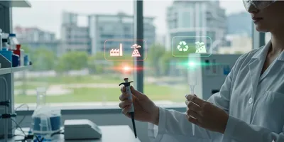 Futuristic lab with holographic life cycle assessment (LCA) data on sustainable lab materials.