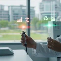 Futuristic lab with holographic life cycle assessment (LCA) data on sustainable lab materials.