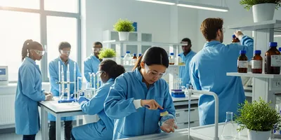 Sustainable lab with scientists cleaning reusable glassware.