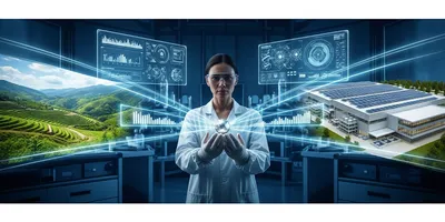 A photorealistic image of a scientist in a clean lab holding a critical raw material, with glowing lines visually representing its transparent, ethically sourced supply chain from a responsibly-mined landscape and a sustainable processing facility.