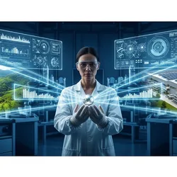 A photorealistic image of a scientist in a clean lab holding a critical raw material, with glowing lines visually representing its transparent, ethically sourced supply chain from a responsibly-mined landscape and a sustainable processing facility.