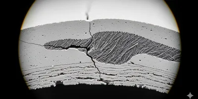 Microscopic view of a ceramic matrix composite (CMC) showing a crack deflecting along a silicon carbide fiber.