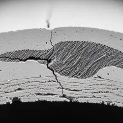 Microscopic view of a ceramic matrix composite (CMC) showing a crack deflecting along a silicon carbide fiber.