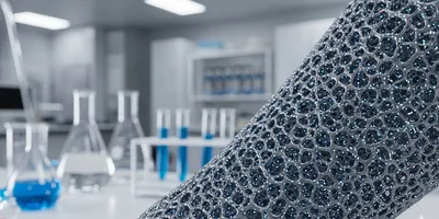 Macro view of 3D-printed porous titanium orthopedic implant glowing blue in a lab.