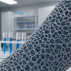 Macro view of 3D-printed porous titanium orthopedic implant glowing blue in a lab.