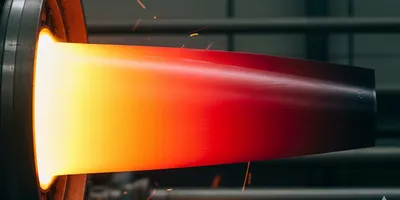 A close-up of a glowing, red-hot jet engine turbine blade, representing high-temperature alloys and superalloys in aerospace engineering.