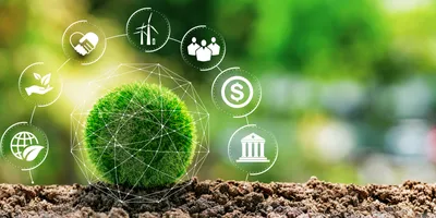 Green sphere representing sustainability in the lab and environmental stewardship