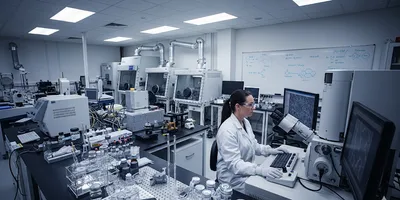 A scientist in a lab coat and safety glasses operates a scanning electron microscope in a modern, well-lit materials science lab.