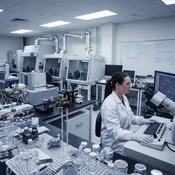 A scientist in a lab coat and safety glasses operates a scanning electron microscope in a modern, well-lit materials science lab.