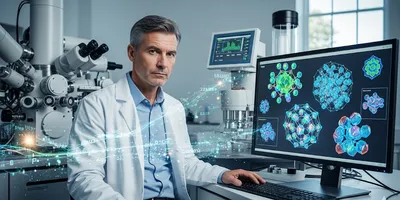 A male academic professional in a lab coat looks at a computer screen displaying glowing, abstract 3D models of nanoparticles, symbolizing research into nanomaterial safety and advanced characterization.