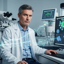 A male academic professional in a lab coat looks at a computer screen displaying glowing, abstract 3D models of nanoparticles, symbolizing research into nanomaterial safety and advanced characterization.