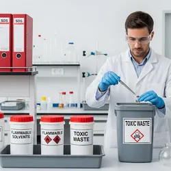 A scientist in a lab coat and safety gear meticulously places a vial of hazardous waste into a clearly labeled container in a clean, organized laboratory, highlighting safety and proper waste management