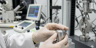 Scientist's hands carefully calibrating a piece of laboratory materials testing equipment.