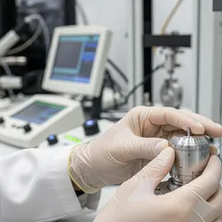Scientist's hands carefully calibrating a piece of laboratory materials testing equipment.