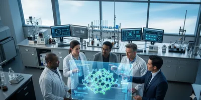 Image and prompt creator Custom Gem Image Prompt A realistic, high-angle shot of a diverse group of four scientists gathered around a large, futuristic holographic display in a clean, brightly lit, modern laboratory. The display shows a complex, 3D molecular structure of a new material. The scientists are a mix of ages and ethnicities, some wearing lab coats, and are actively engaged in a discussion, pointing at the holographic projection. The lab is equipped with state-of-the-art instruments in the background, and large windows show a clear sky, symbolizing a bright future. The overall mood is one of collaboration, innovation, and shared discovery.  Image Description This image depicts a scene of modern scientific collaboration. A group of four researchers from diverse backgrounds stands around a vibrant, semi-transparent holographic screen displaying a complex molecular model. They are in a sleek, well-lit laboratory with advanced equipment, showcasing a successful multi-institution project focused on materials innovation.  SEO Optimized Alt Text Scientists in a modern lab collaborate on a holographic display showing a molecular structure, symbolizing a research partnership and materials innovation.