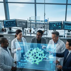 Image and prompt creator Custom Gem Image Prompt A realistic, high-angle shot of a diverse group of four scientists gathered around a large, futuristic holographic display in a clean, brightly lit, modern laboratory. The display shows a complex, 3D molecular structure of a new material. The scientists are a mix of ages and ethnicities, some wearing lab coats, and are actively engaged in a discussion, pointing at the holographic projection. The lab is equipped with state-of-the-art instruments in the background, and large windows show a clear sky, symbolizing a bright future. The overall mood is one of collaboration, innovation, and shared discovery.  Image Description This image depicts a scene of modern scientific collaboration. A group of four researchers from diverse backgrounds stands around a vibrant, semi-transparent holographic screen displaying a complex molecular model. They are in a sleek, well-lit laboratory with advanced equipment, showcasing a successful multi-institution project focused on materials innovation.  SEO Optimized Alt Text Scientists in a modern lab collaborate on a holographic display showing a molecular structure, symbolizing a research partnership and materials innovation.