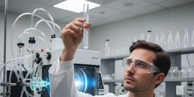 Futuristic lab with scientist examining iridescent nanomaterials in a test tube.