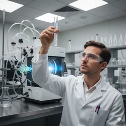 Futuristic lab with scientist examining iridescent nanomaterials in a test tube.