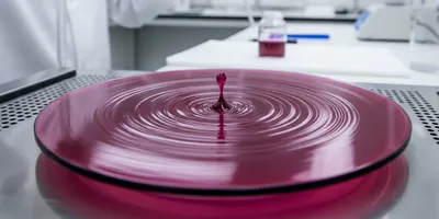 A vibrant droplet of perovskite solution being spin-coated in a laboratory setting.