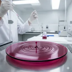 A vibrant droplet of perovskite solution being spin-coated in a laboratory setting.
