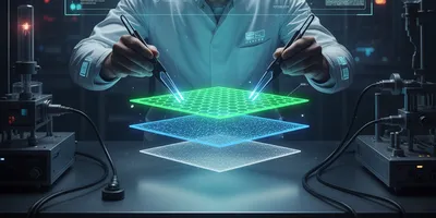 A futuristic lab scene showing a scientist using holographic tools to build a van der Waals heterostructure from glowing, stacked 2D materials like graphene, molybdenum disulfide, and boron nitride.