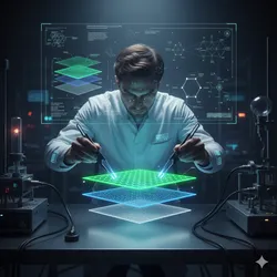 A futuristic lab scene showing a scientist using holographic tools to build a van der Waals heterostructure from glowing, stacked 2D materials like graphene, molybdenum disulfide, and boron nitride.