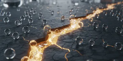 A microscopic view of a self-healing material with a glowing fluid filling a crack.