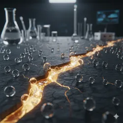 A microscopic view of a self-healing material with a glowing fluid filling a crack.