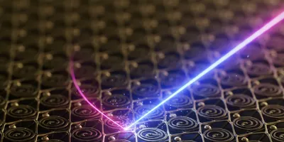 A close-up of a futuristic metamaterial surface featuring intricate gold geometric structures, refracting a beam of light in a visually impossible way, symbolizing advanced optics and wave manipulation.