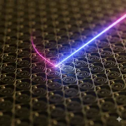 A close-up of a futuristic metamaterial surface featuring intricate gold geometric structures, refracting a beam of light in a visually impossible way, symbolizing advanced optics and wave manipulation.