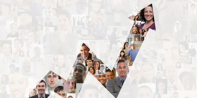 Image of an arrow pointing up with many different faces of individuals, representing the transition to lab leadership and career growth