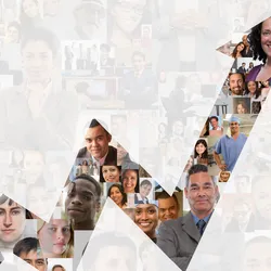 Image of an arrow pointing up with many different faces of individuals, representing the transition to lab leadership and career growth