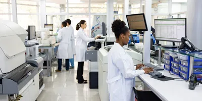 Laboratory scene showing researchers working on cell therapy development.