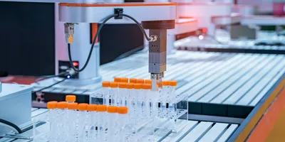 Robotic arm handling test tubes in lab automation