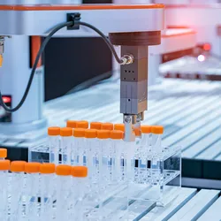 Robotic arm handling test tubes in lab automation