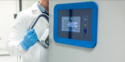 Technician monitoring AI-enhanced ultra-low temperature freezer in lab.