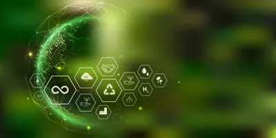 Infographic illustrating connected systems for sustainable lab practices