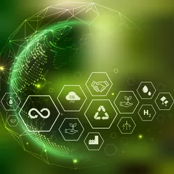 Infographic illustrating connected systems for sustainable lab practices