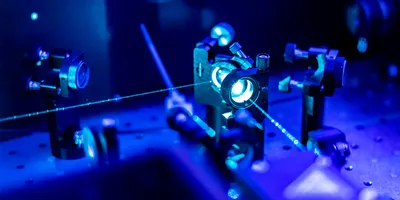 Close-up of a laser setup used in laboratory research